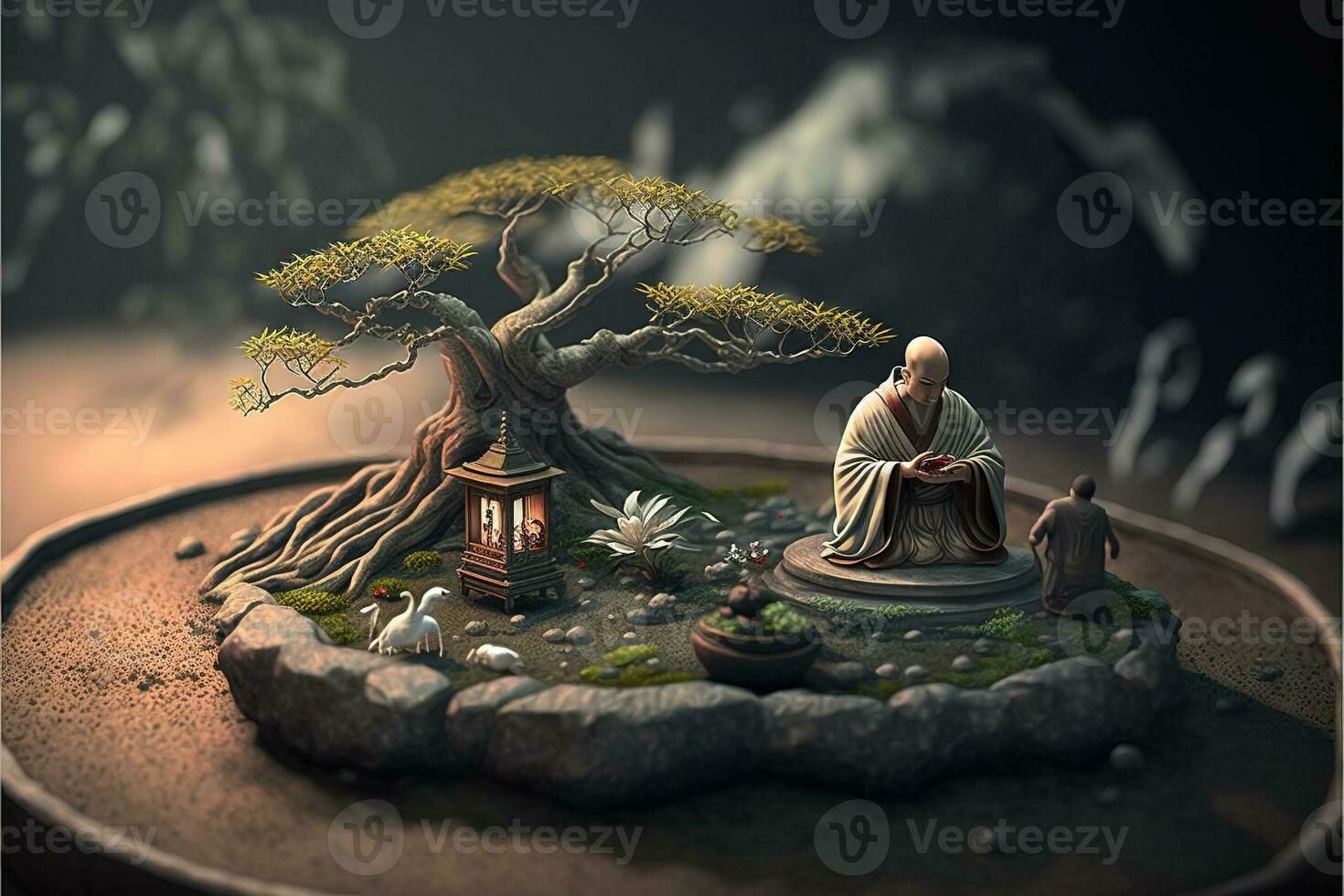 Miniature desk zen sandbox with Monk figure sit in Lotus position, stacked zen sea stones, brown elephant figurines, spa candles burning against dark studio background, copy space. photo