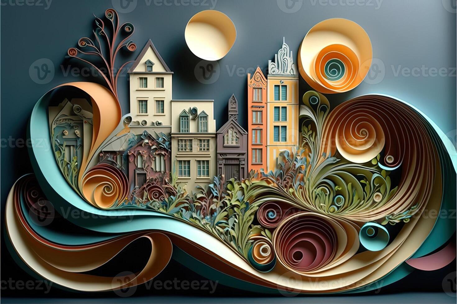 paper quilling style urban design. Multidimensional paper quilling craft illustration a small city. photo