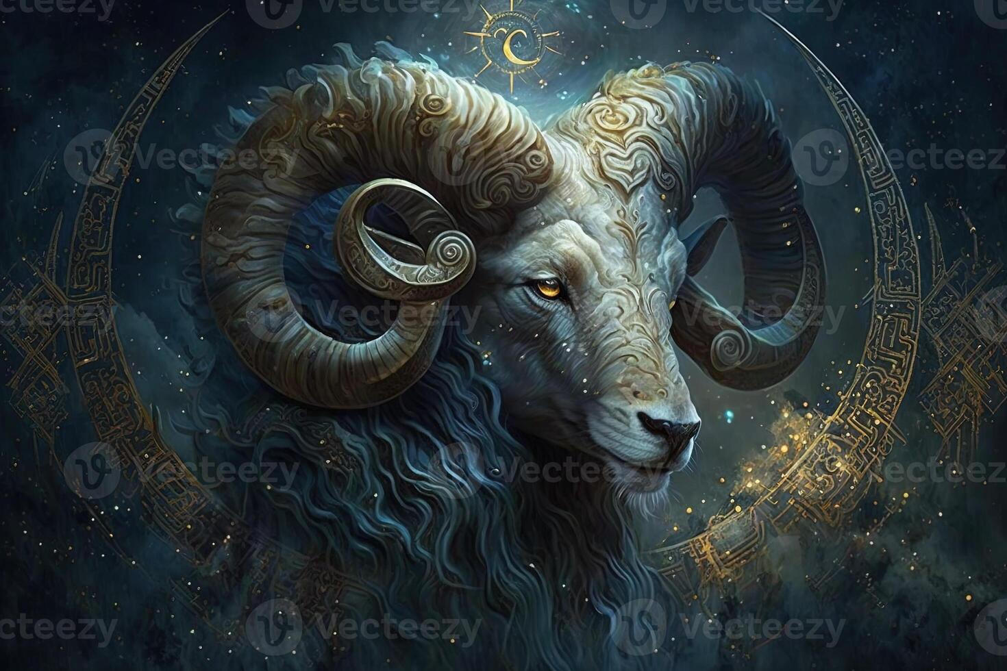 Backdrop of sacred zodiac Aries symbols, astrology, alchemy, magic, sorcery and fortune telling. digital painting. Zodiac sign Aries on the starry sky close up photo