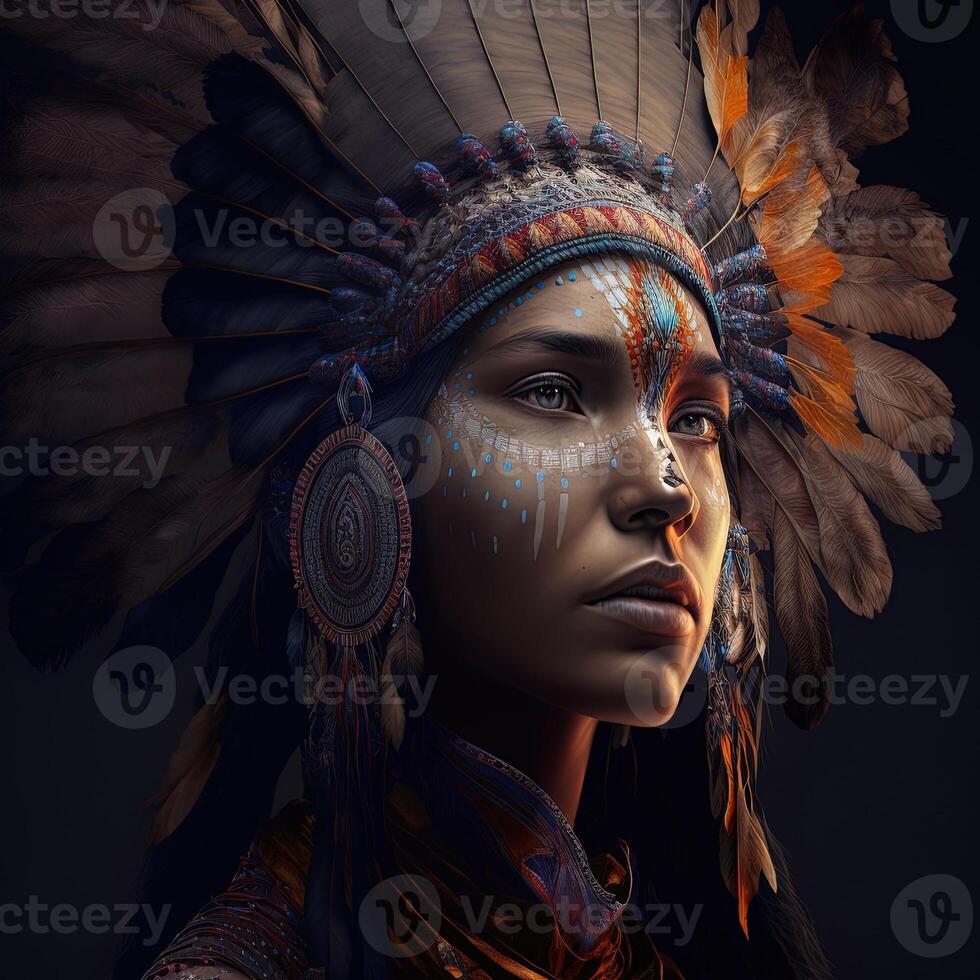 native american woman in ceremonial head dress, reflection of the silhouette of tribal ancestors in her eyes. Close up of colorful dressed native woman isolated on black background. photo