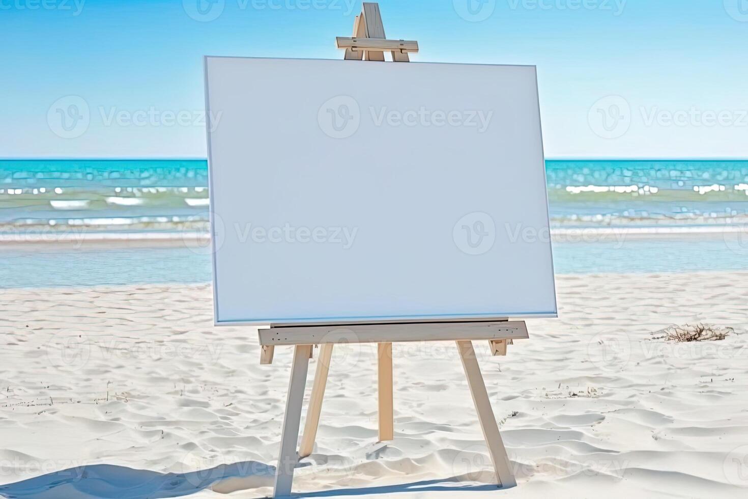 White blank artist frame on a small wooden easel on summer sea beach background with copy space. Advertising mockup artboard for pictures or artwork. Painting frame template banner. photo