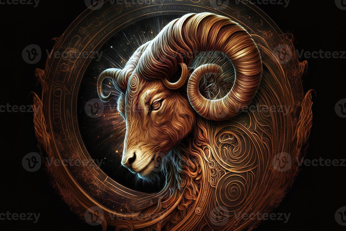 Backdrop of sacred zodiac Aries symbols, astrology, alchemy, magic, sorcery and fortune telling. digital painting. Zodiac sign Aries on the starry sky close up photo