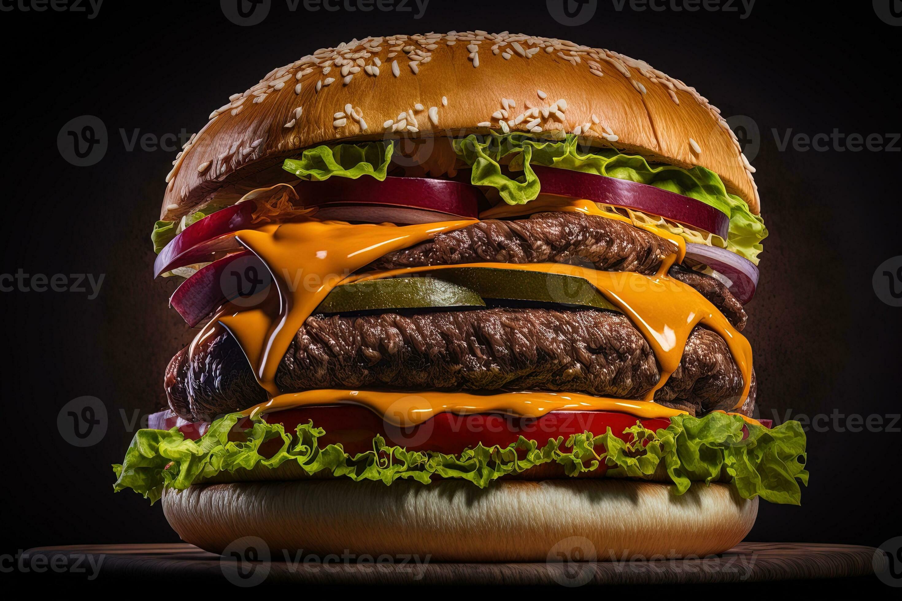 Close-up of a juicy burger with fries, it look very delicious. Big