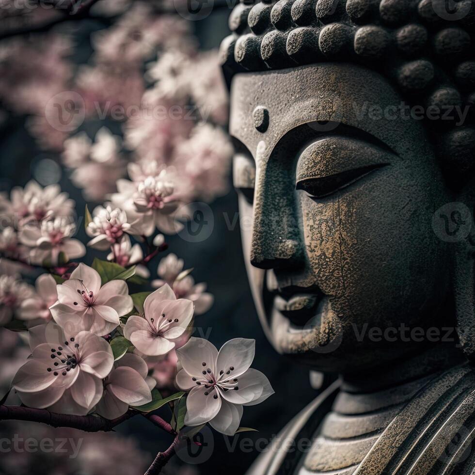 Buddha statue with cherry blossom. Mediation and zen concept. illustration of golden statue of Buddha at zen garden photo