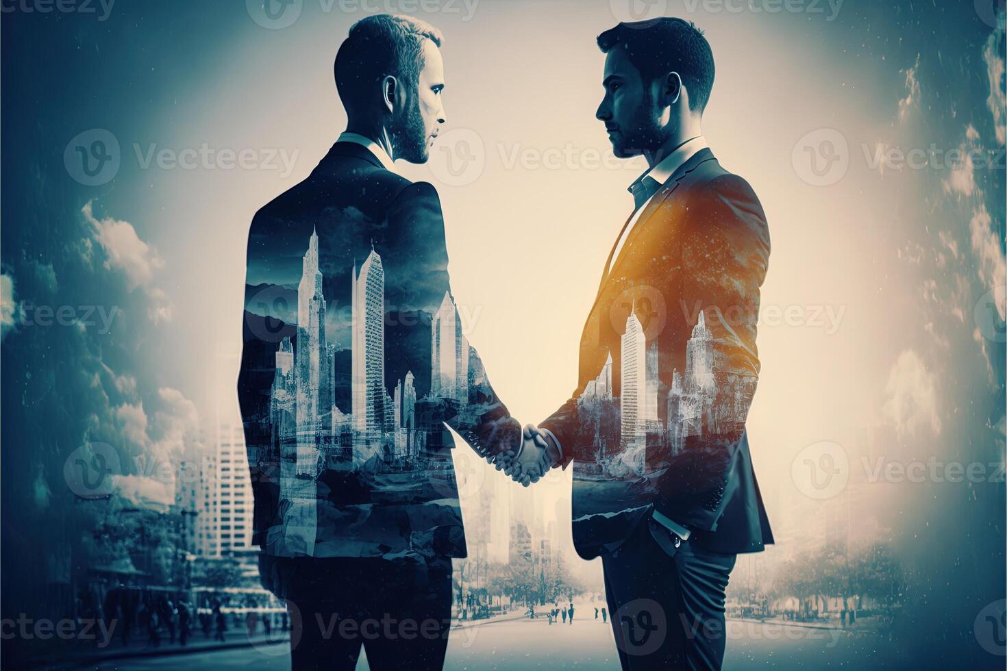 The double exposure image of two business man shaking hand with cityscape image. The concept of modern life, business, city life and internet of things. photo