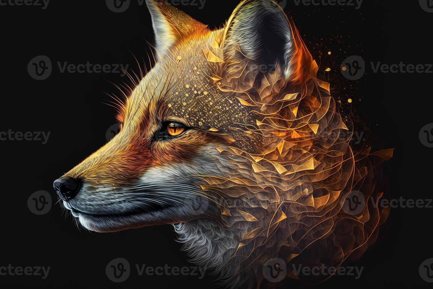 Fantasy Raster Image of Fox Face with Golden Spot, Animal face in the depths of galaxies and stars fox photo