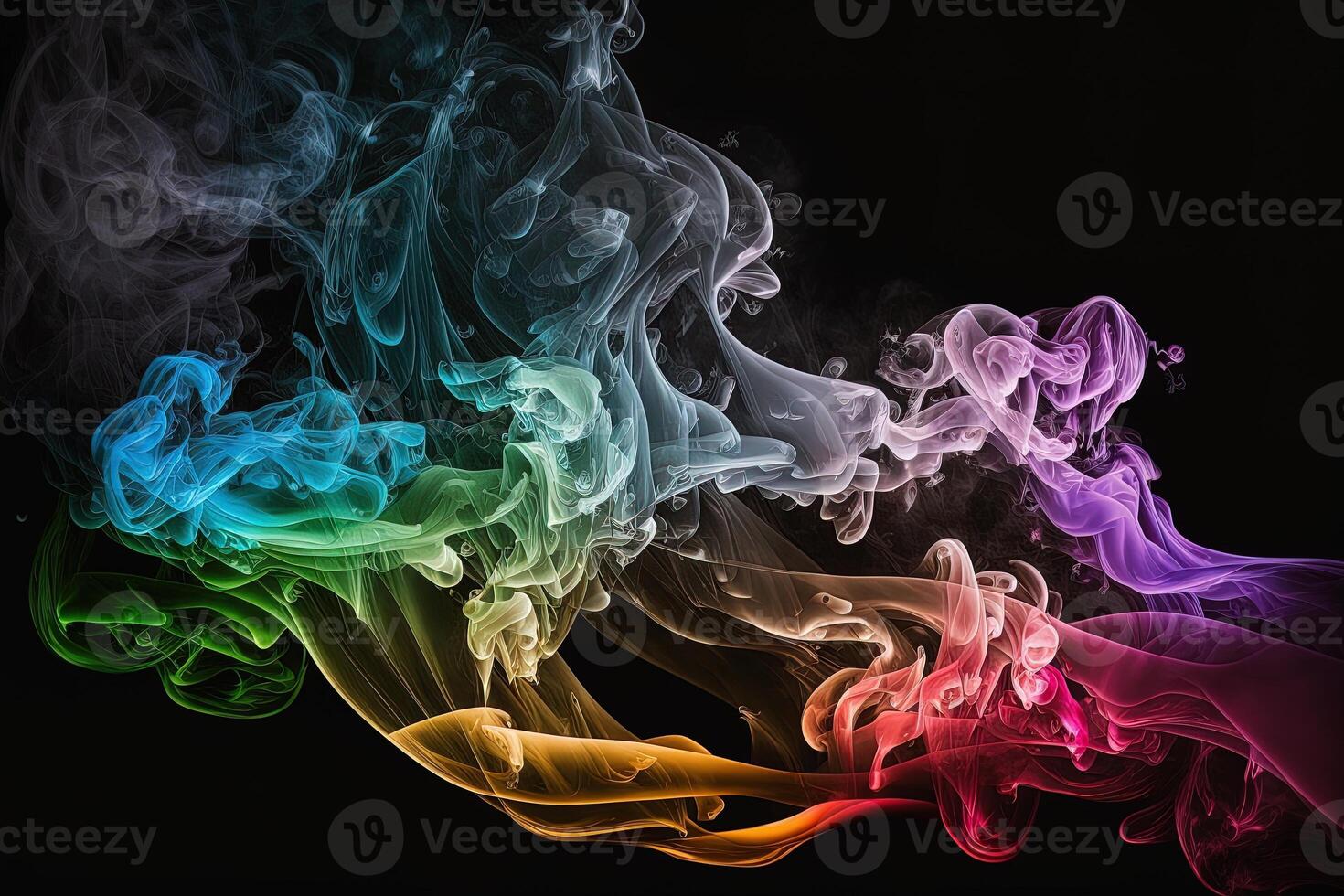 a colorful smoke cloud is shown in this image, it looks like it is floating in the air and is very dark and blue and yellow, with a black background. photo