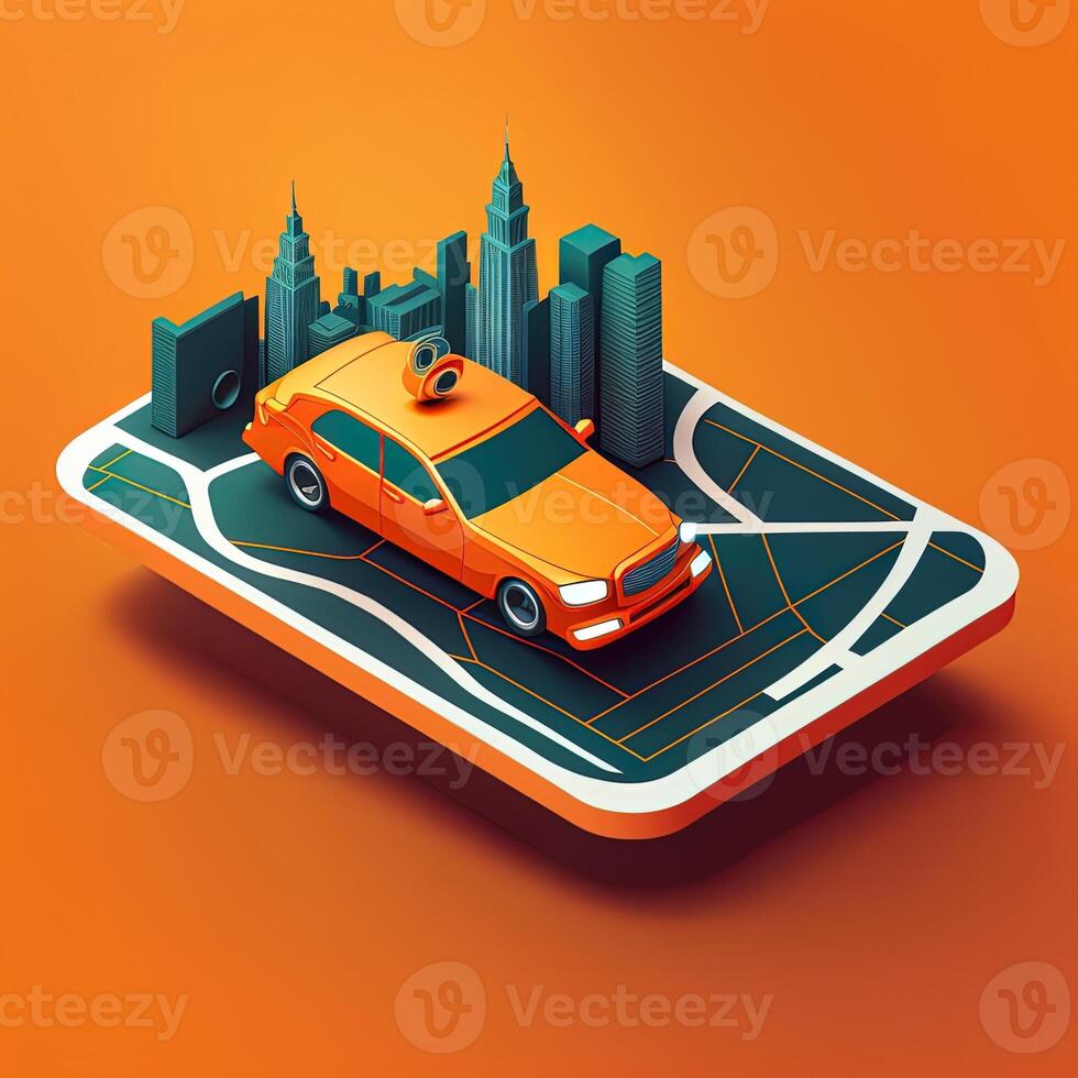 en línea móvil solicitud Taxi ordenando Servicio naranja Taxi coche conducción a lo largo el ruta a el marcador en un inteligente teléfono, en un ciudad mapa. coche y satélite navegación sistemas concepto. generativo ai foto