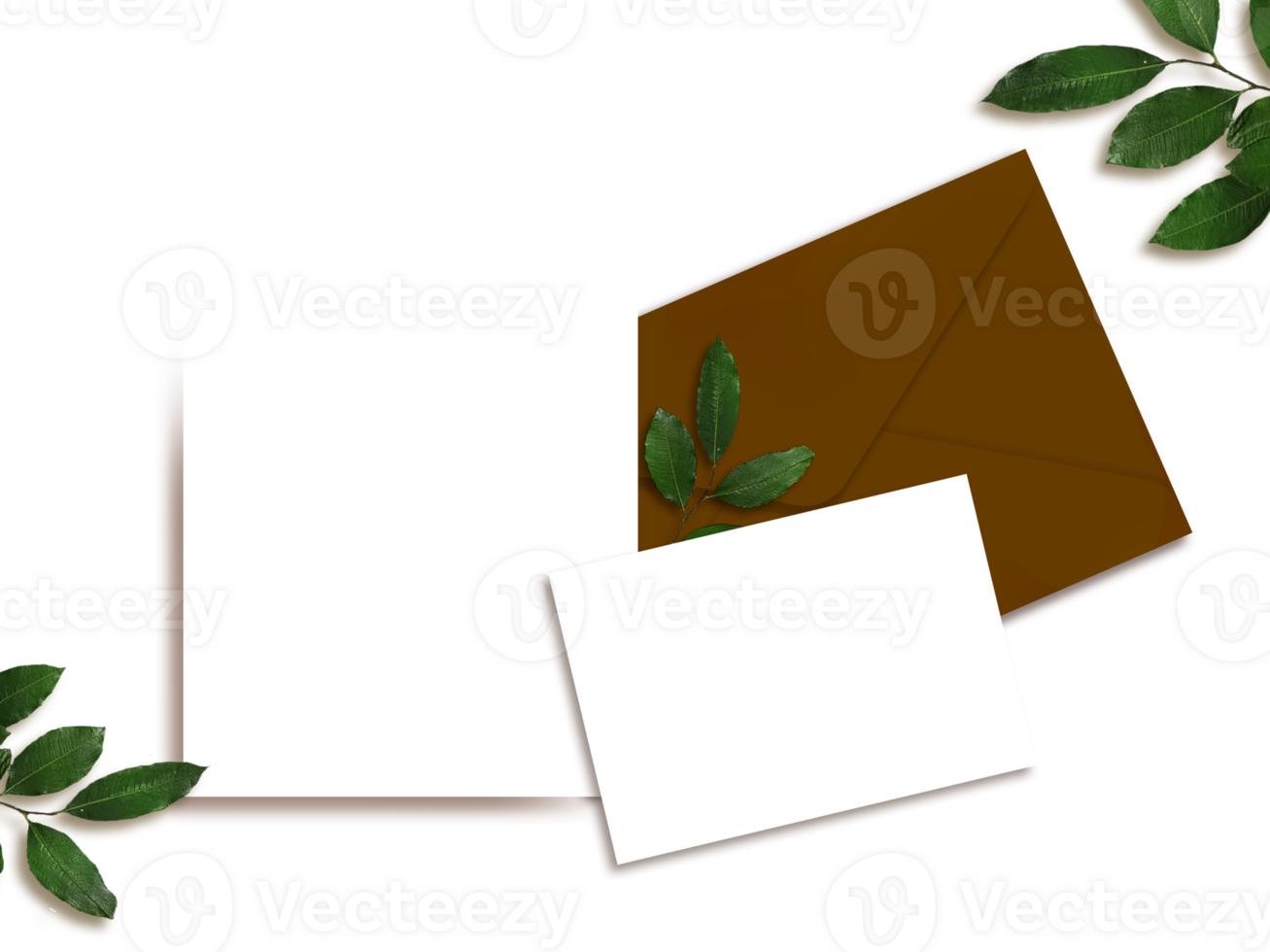 carte, RSVP modèle avec enveloppe et feuilles sur blanc Contexte. png