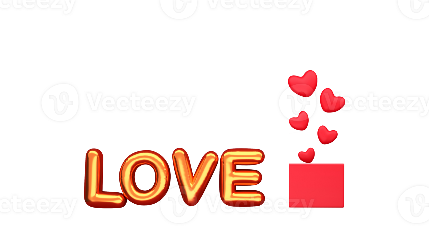 3D Golden Love Balloon Font With Glossy Hearts Popping Out From Box On White Background. png