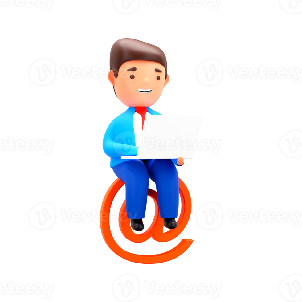 3D Render of Businessman Using Laptop On Arroba Or At Sign Against White Background. png