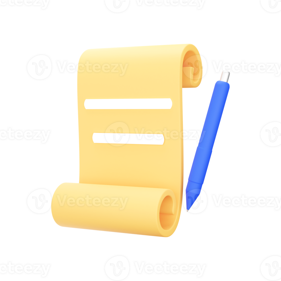 3D Render of Scroll Paper With Pen Yellow And Blue Element. png