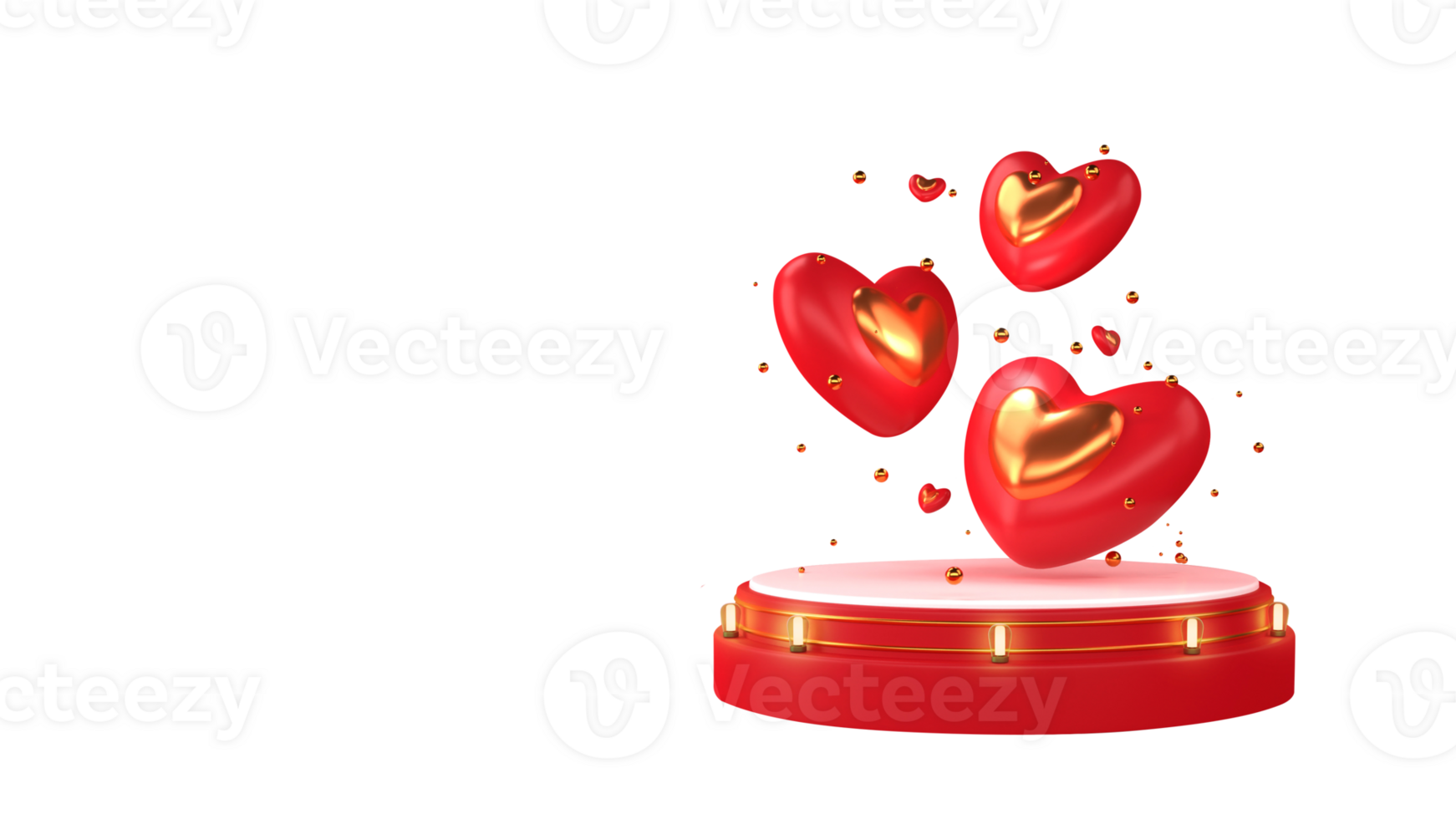 3D Red And Golden Hearts With Tiny Balls Over Podium Or Stage Decorated By Lighting Garland And Copy Space. png