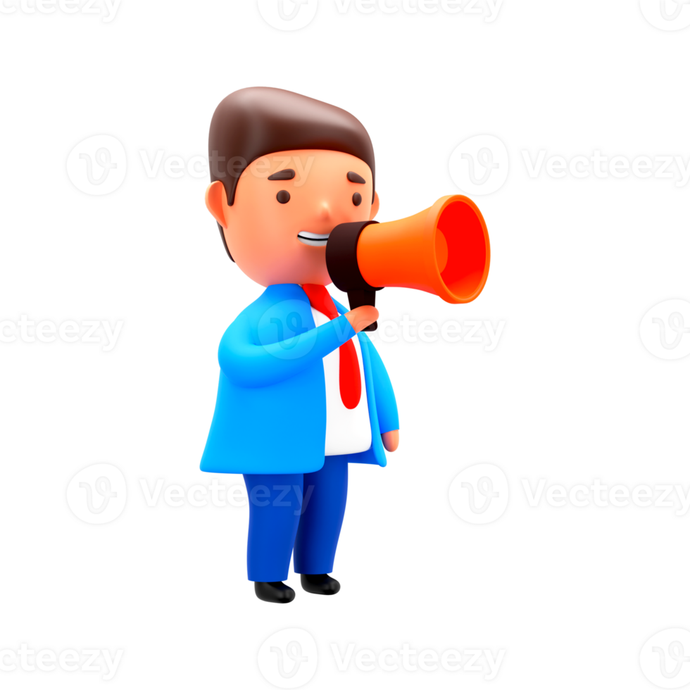 3D Render of Businessman Announcing Through Megaphone On White Background. png