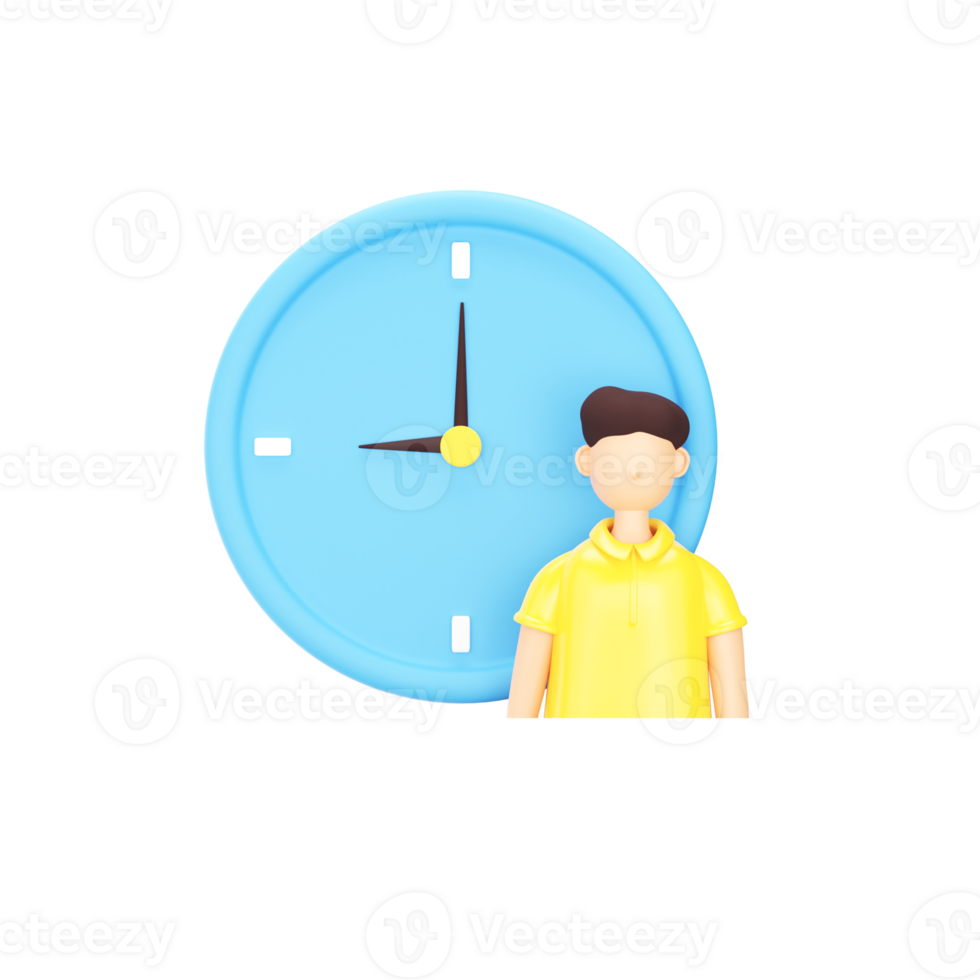 3D Illustration of Young Man Standing In Front of Wall Clock Yellow And Blue Element. png