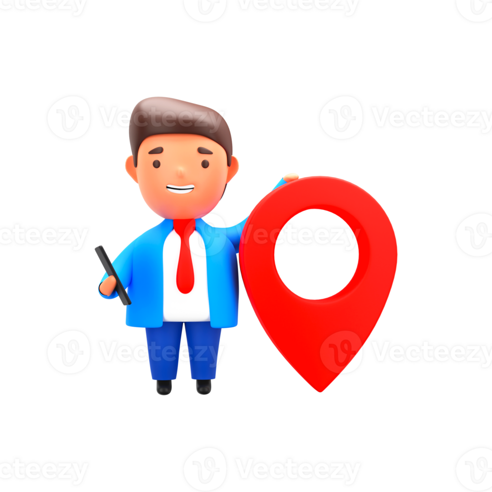 3D Render of Businessman Character Holding Smartphone And Location Pin On White Background. png