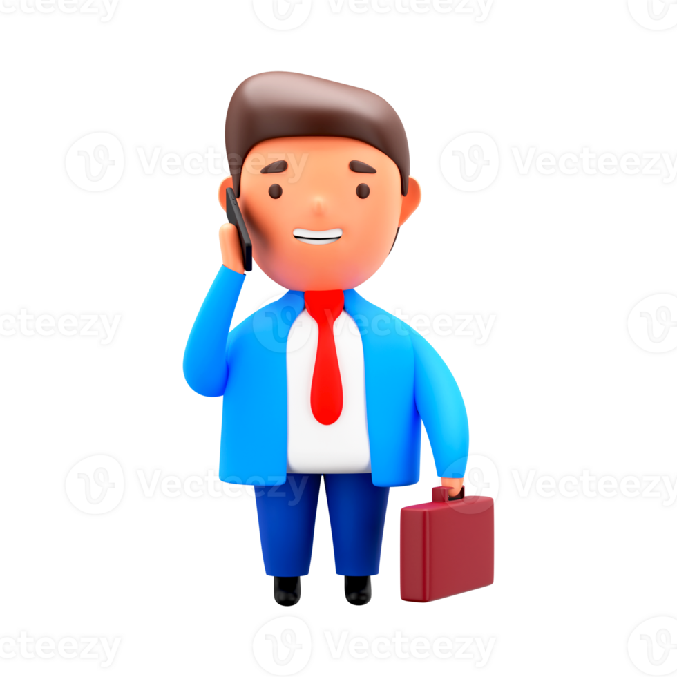3D Render of Businessman Talking Through Cell Phone And Hold Briefcase On White Background. png