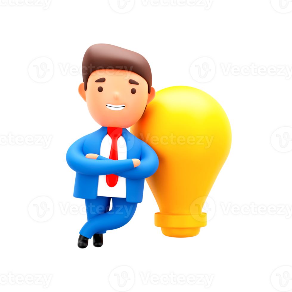 3D Render of Businessman Standing And Light Bulb On White Background. png