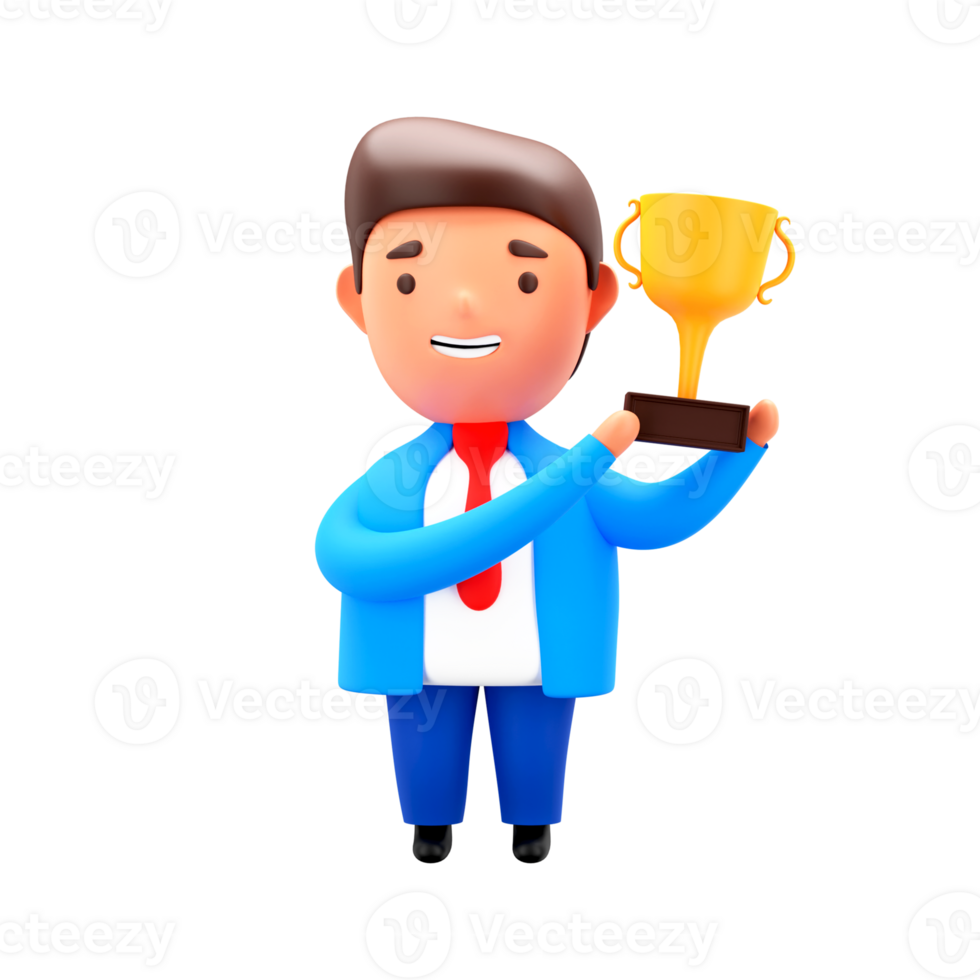 3D Render of Businessman Holding Trophy Cup In Standig Pose. png