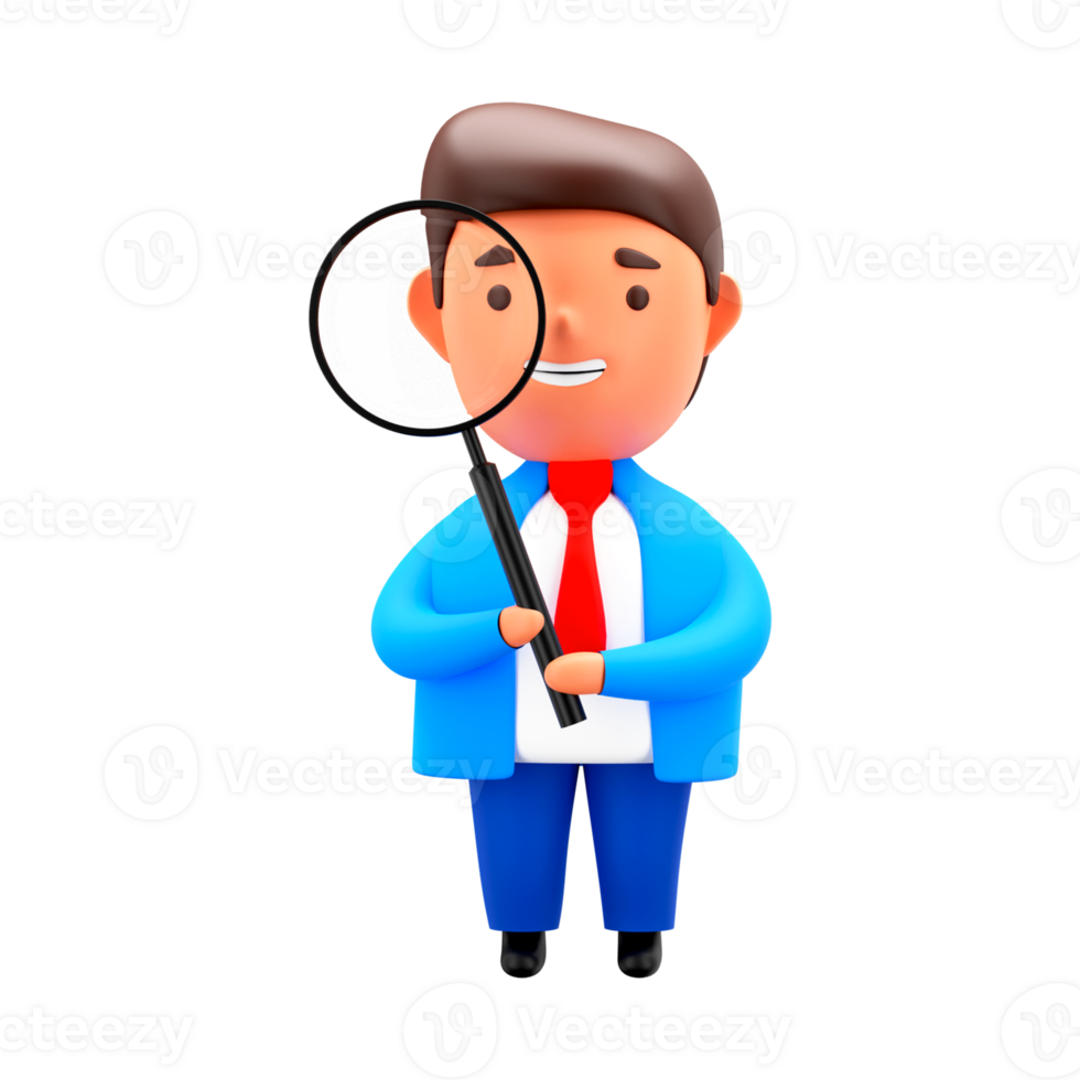 3D Render of Businessman Holding Magnifying Glass On White Background. png