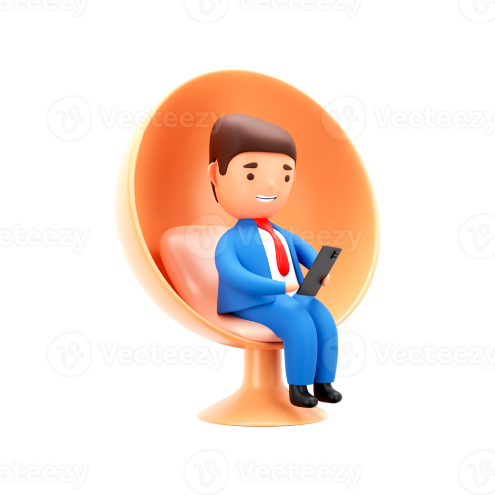 3D Render of Businessman Using Smartphone Or Tablet At Chair On White Background. png