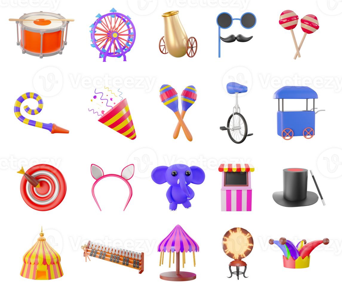 Set of 3D Carnival Icon Against White Background. png