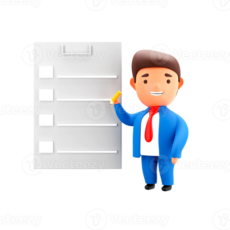 3D Render of Businessman Editing List On White Background. png