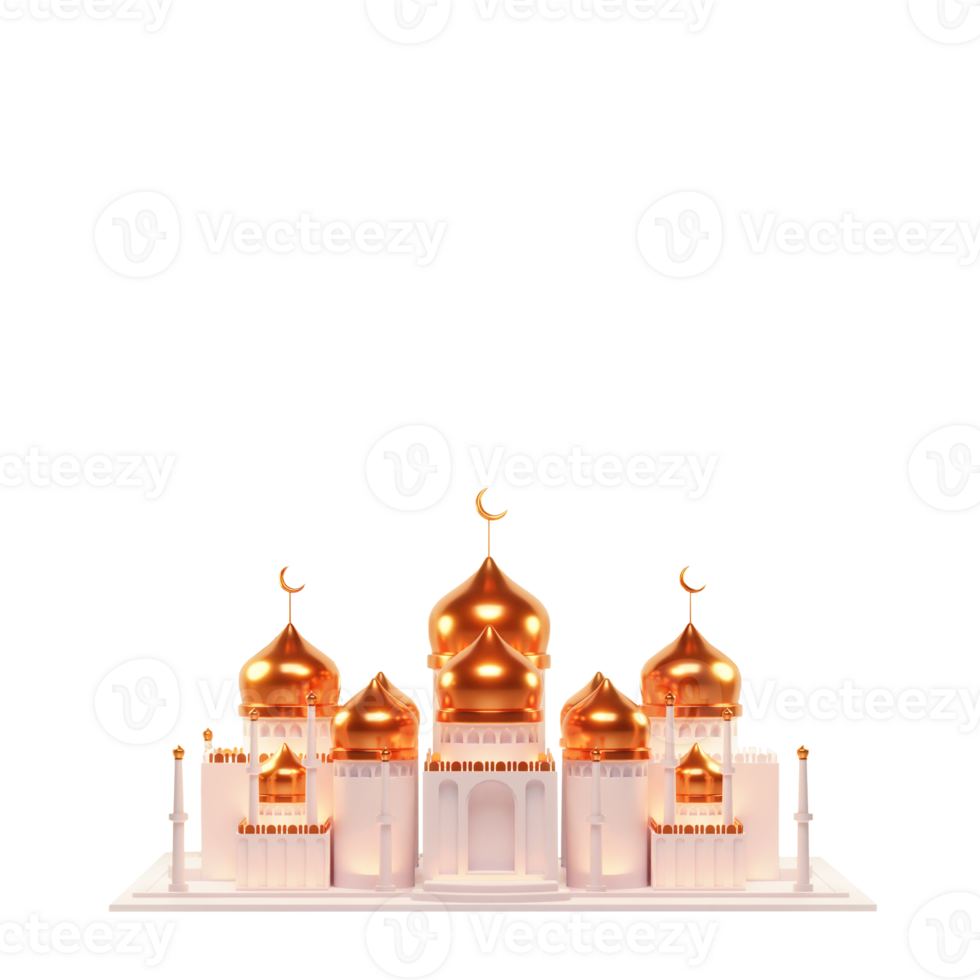 3D Rendering Beautiful Mosque With Trees And Copy Space On White Background For Islamic Festival Concept. png