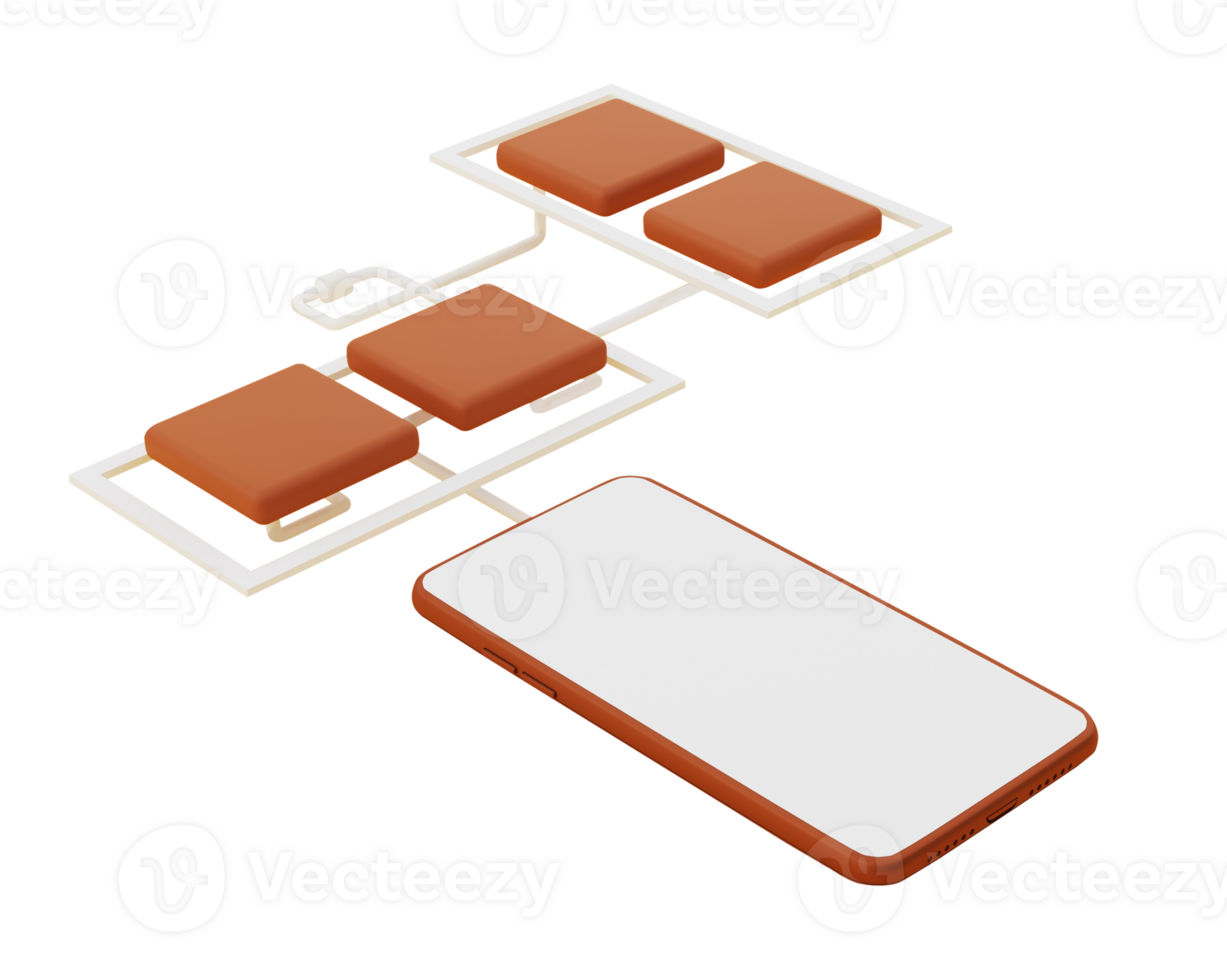 3d rendre de téléphone intelligent connecté avec utilisateur interface vignettes sur blanc Contexte. png