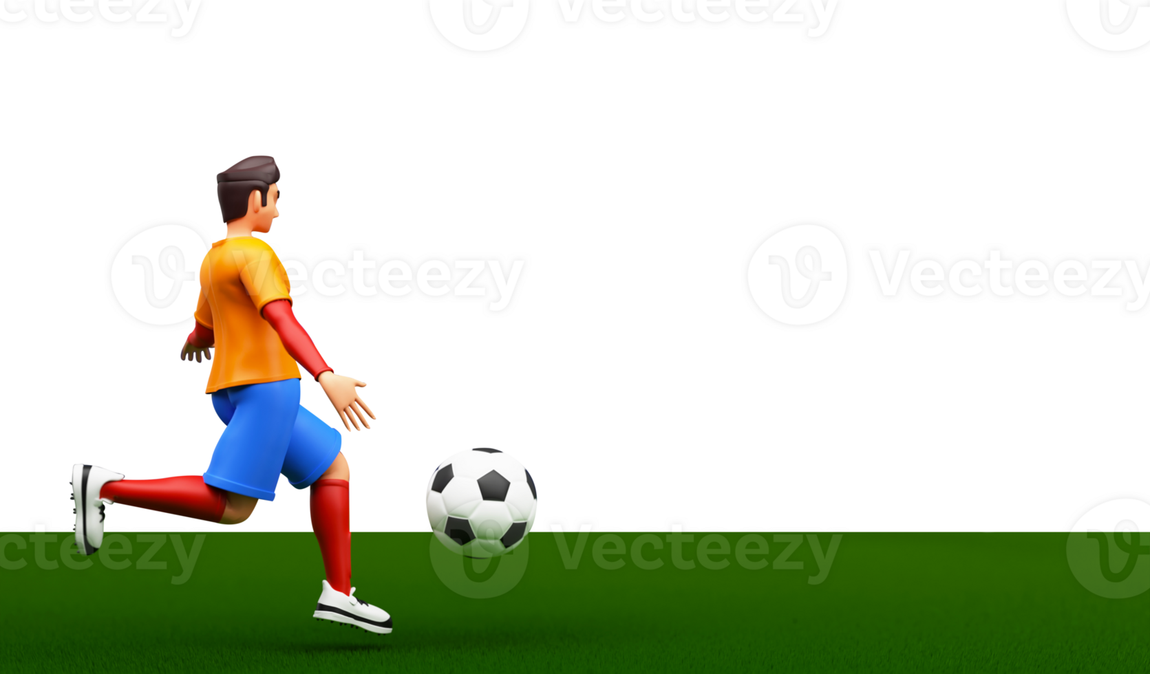 3d render do jogador de futebol chutando a bola em branco e verde fundo. png