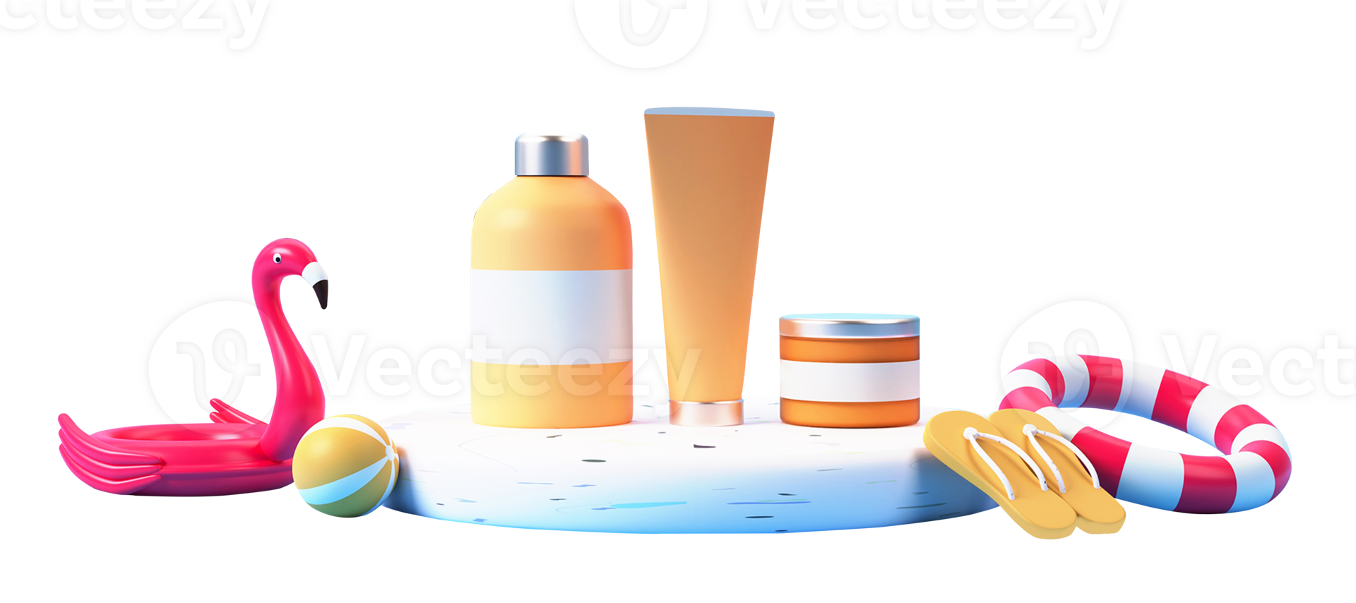 3D Render of Product Mockup With Slipper, Lifebuoy, Inflatable Duck, Beach Ball Elements. png