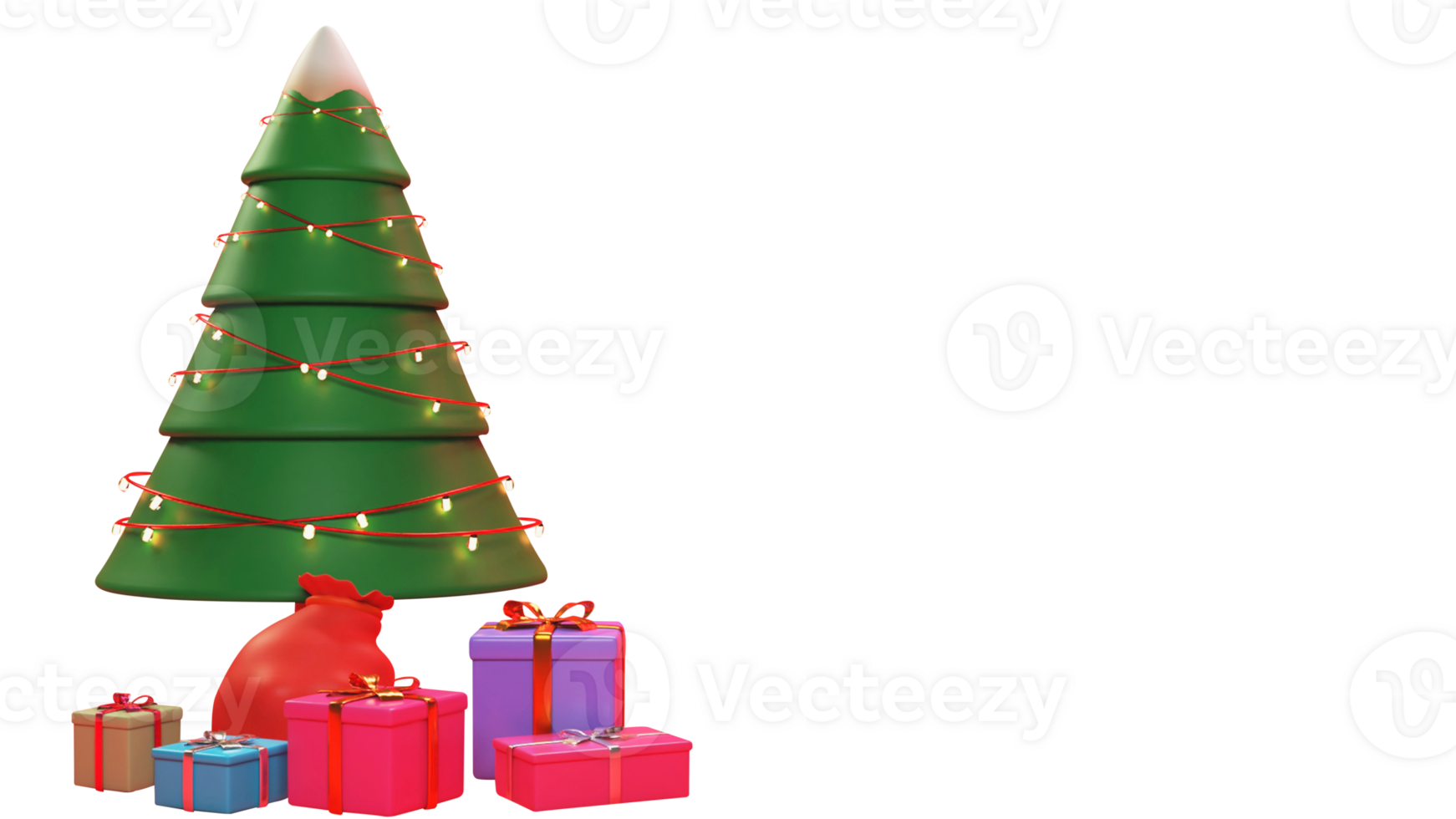 3D Rendering of Christmas Tree Decorated By Lighting Garland With Gift Boxes, Sack And Copy Space. Merry Christmas Concept. png