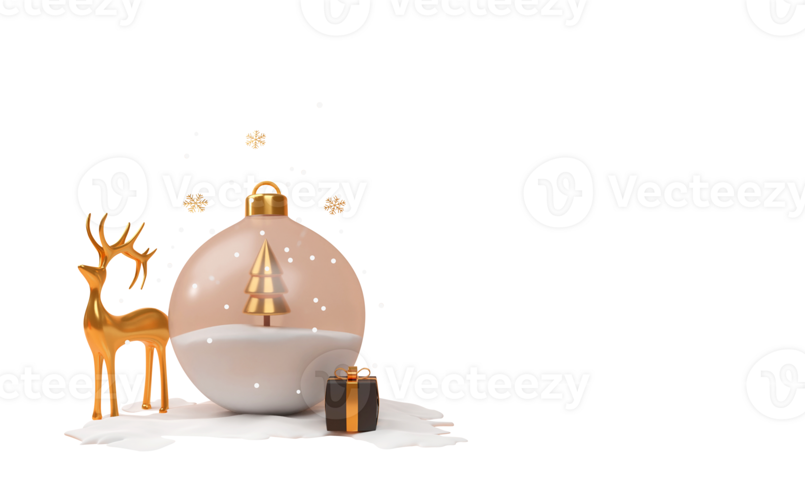 3D Render of Golden Xmas Tree Inside Snow Bauble, Golden Reindeer, Black Gift Box, Snowflakes for Merry Christmas or Winter Holidays Celebrations. png