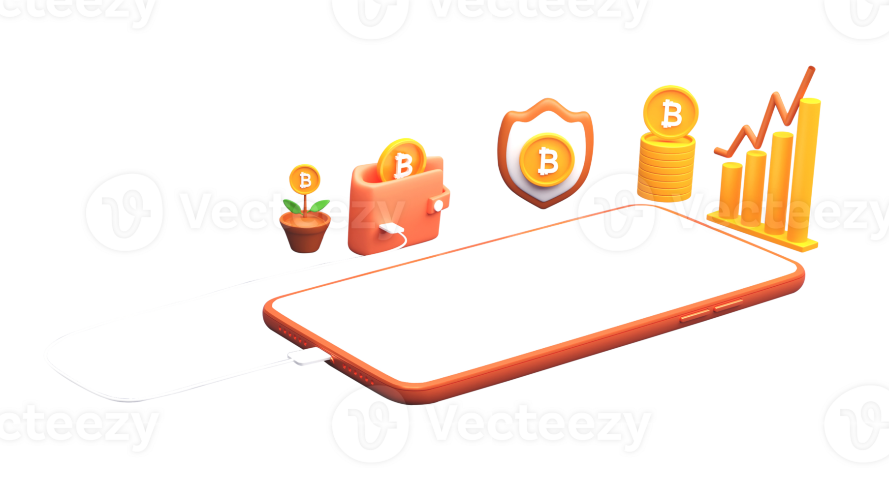 3D Render of Smartphone Charging From Crypto Wallet With Bitcoin Stack, Security Shield, Plant Pot, Bar Graph And Copy Space. png