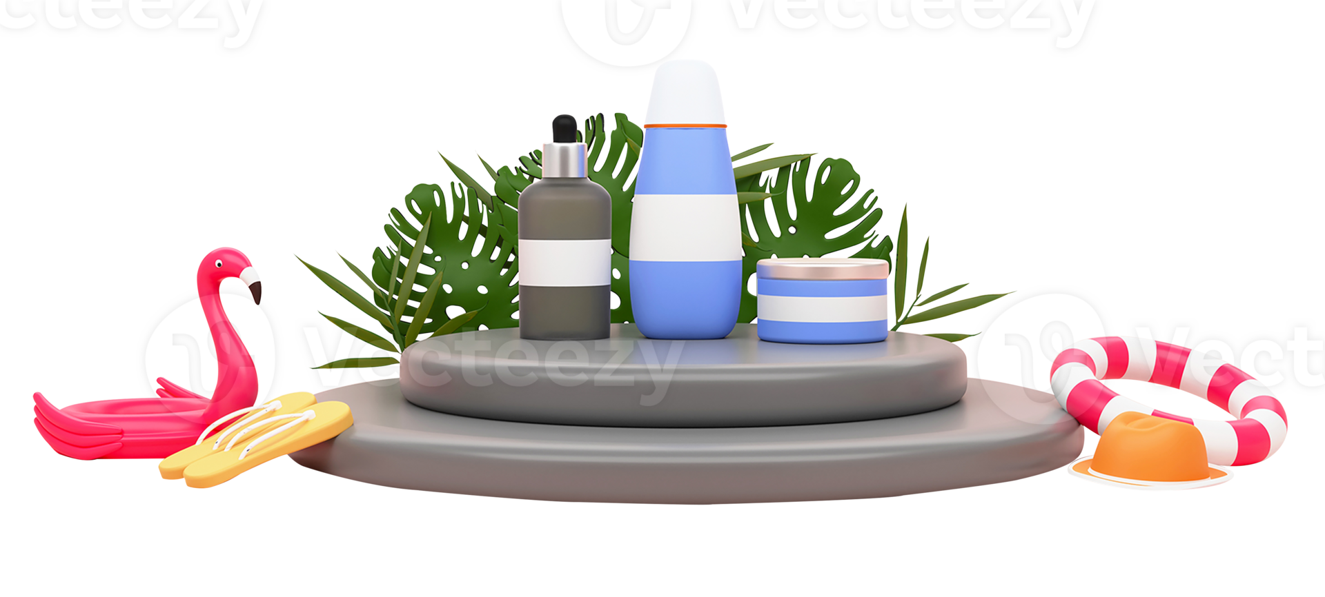 3D Render of Product Mockup With Slipper, Fedora Hat, Lifebuoy, Inflatable Duck And Tropical Leaves On White Background. png