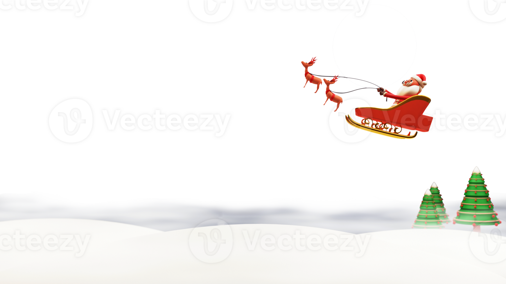 3D Render of Santa Claus Riding Reindeer Sleigh With Christmas Trees On White Background. png