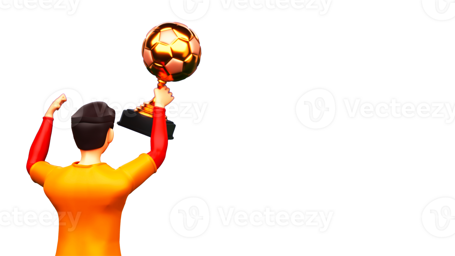 3D Render Back View of Footballer Player Holding Golden Winner Trophy And Copy Space. png