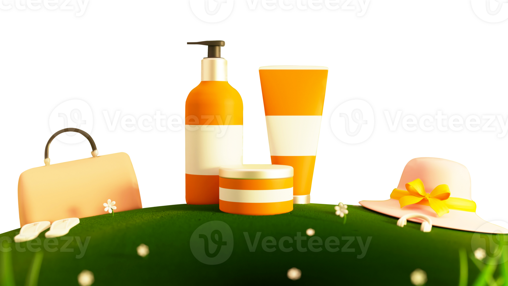 3D Render of Product Mockups With Handbag, Fedora Hat, Slipper, Flowers On Green And White Background. png