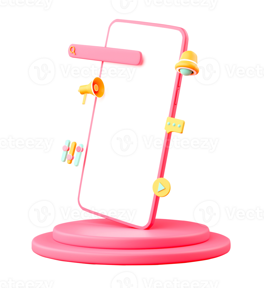 3D Render of Smartphone Screen With Search Engine Or URL, Megaphone, Notification Bell, Chat, Slide Bar, Video App Over Stage Or Podium And Copy Space. png