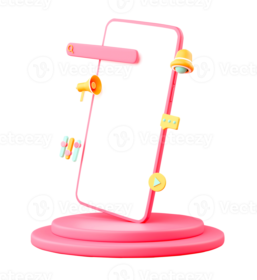 3d render do Smartphone tela com procurar motor ou url, megafone, notificação Sino, bater papo, deslizar bar, vídeo aplicativo sobre etapa ou pódio e cópia de espaço. png