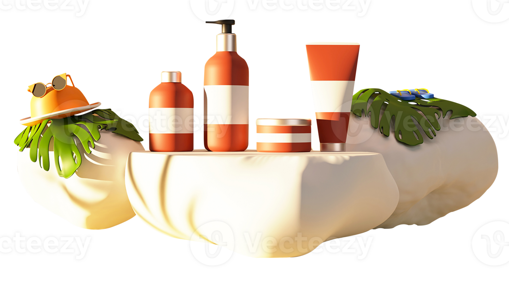 3D Render of Product Mockup With Slipper, Fedora Hat, Goggles, Tropical Leaves And Stones On White Background. png