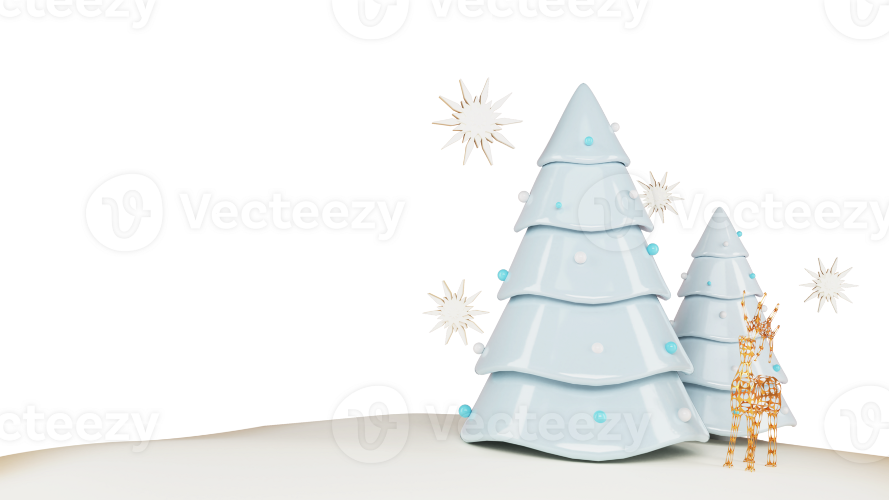 3D Render of Christmas Trees With Golden Reindeer, Snowflakes And Copy Space. png