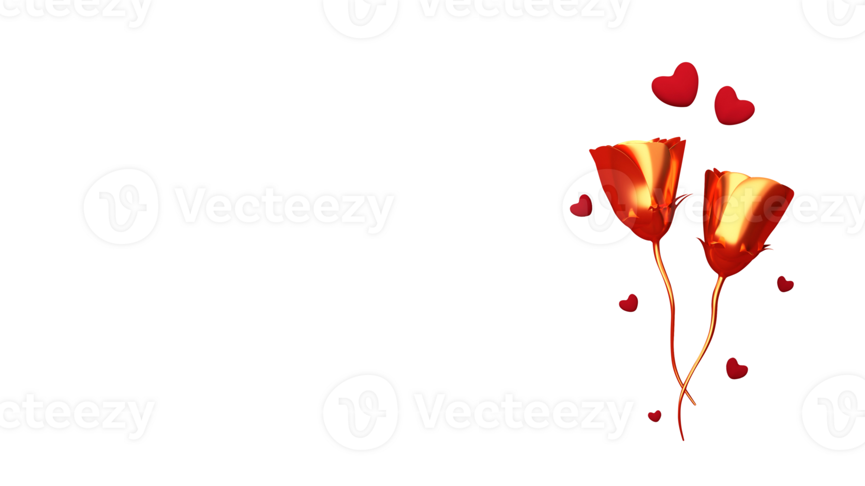 3D Golden Rose Buds With Hearts And Copy Space On White Background. png