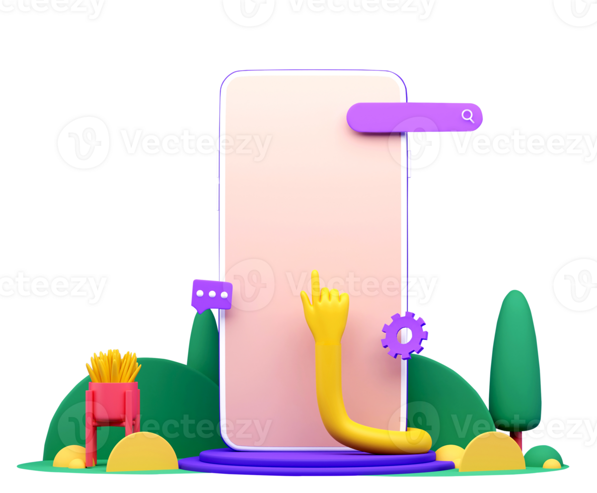 3D Render of Smartphone With Search Engine Or URL, Setting, Chat Box And Nature View On White Background. png