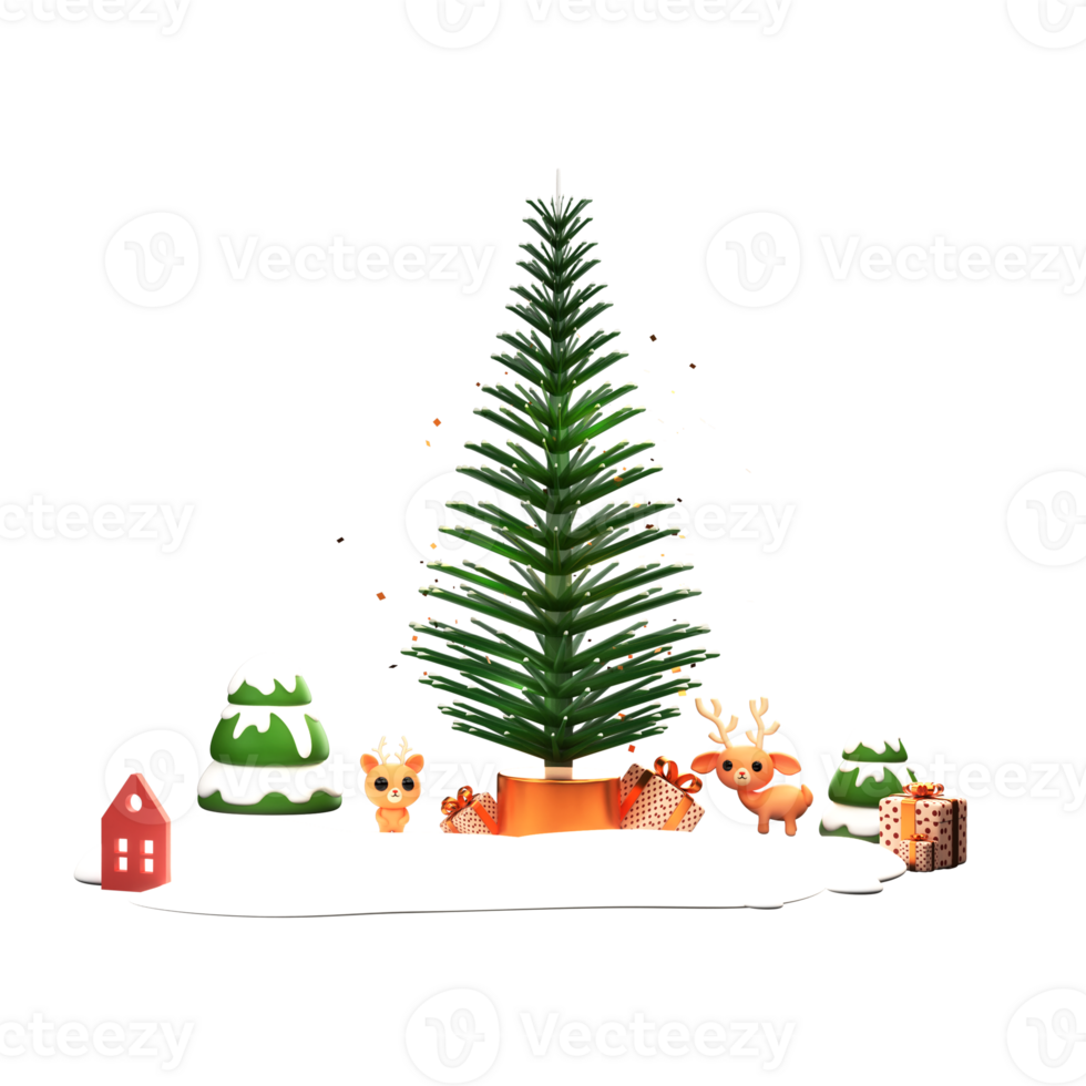 3D Render of Xmas Trees, Reindeers and Gift Boxes for Merry Christmas Celebrations. png