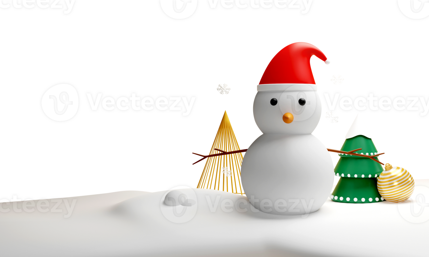 3d geven van sneeuwman, Kerstmis boom, snuisterij, sneeuwvlokken en sneeuw voor winter vakantie of Kerstmis viering concept. png