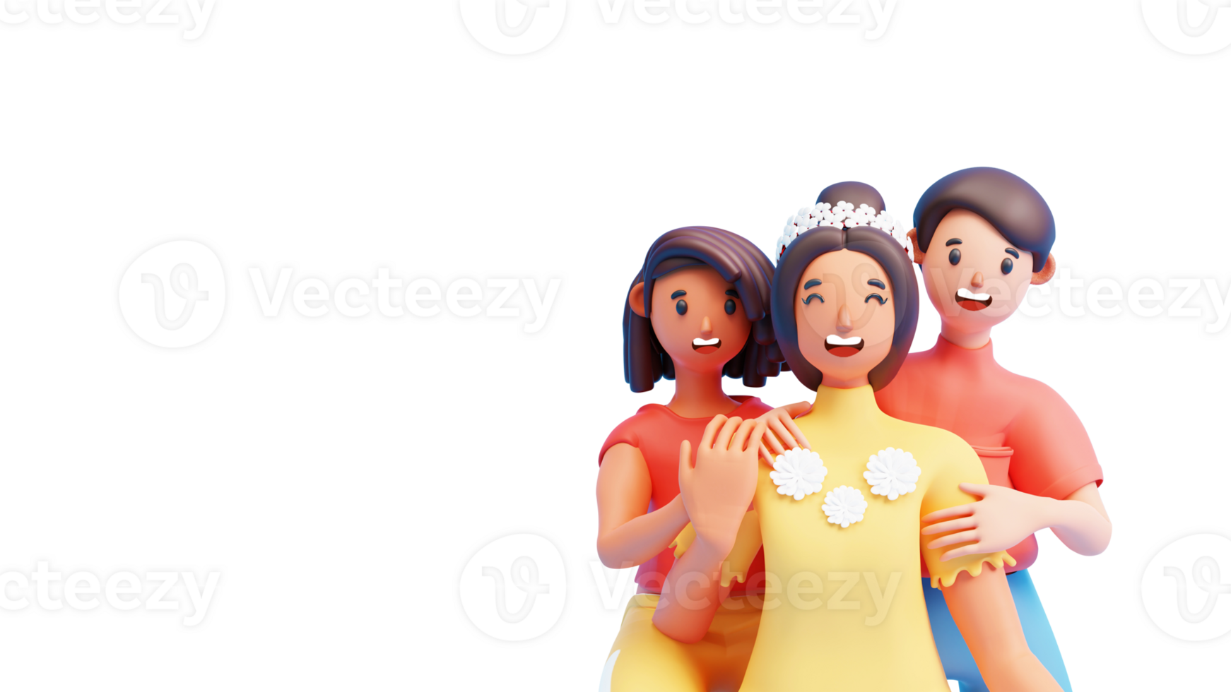 3D Cheerful Woman And Her Children On White Background And Copy Space. png