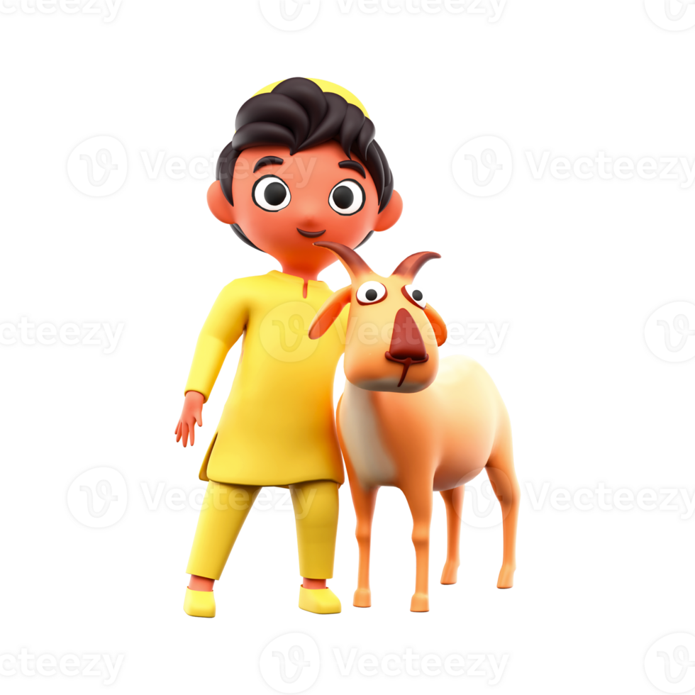 3D Islamic Young Boy Holding Goat On White Background. png