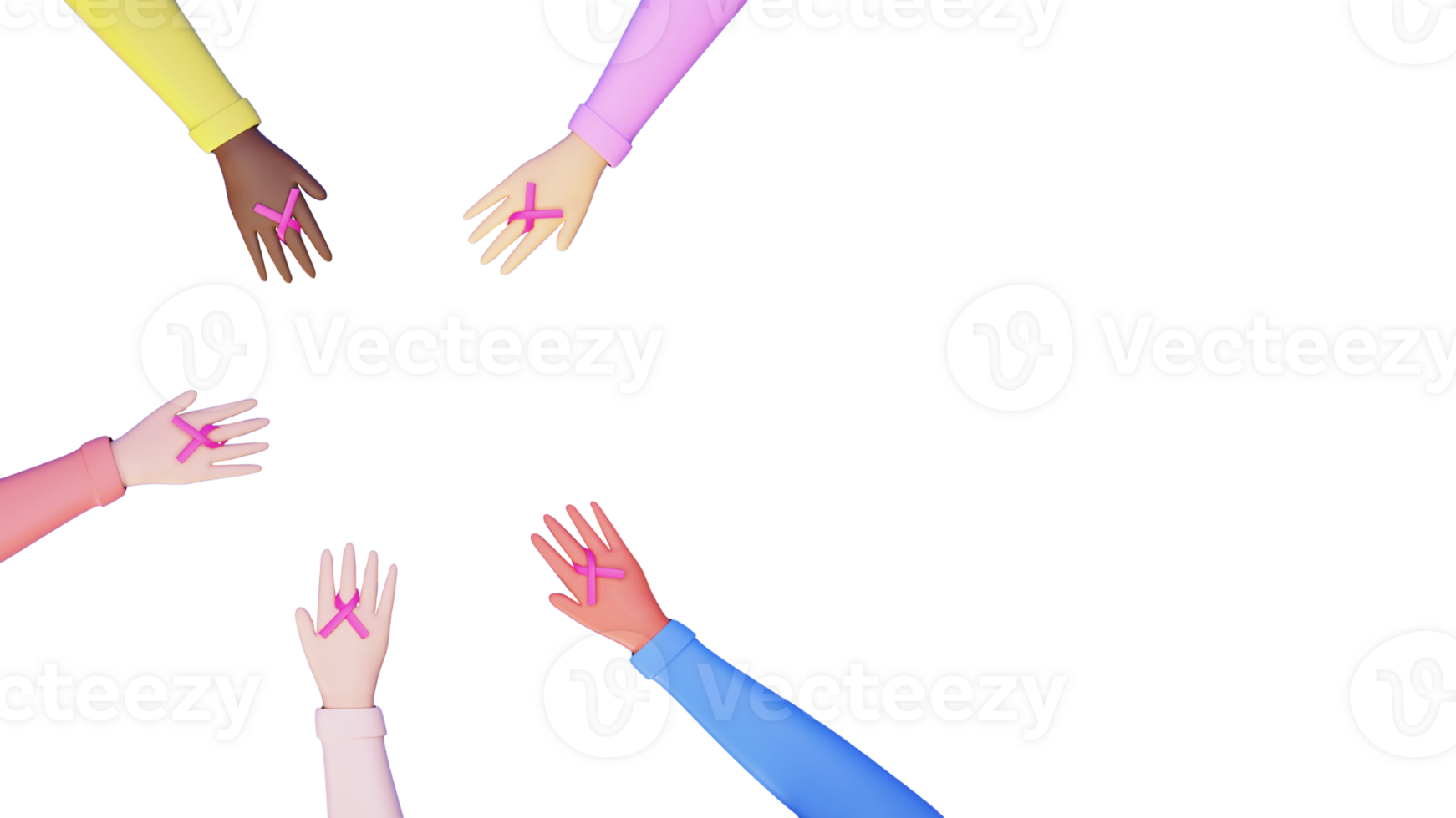 Top View of 3D Hands Middle Finger Wearing Pink Awareness Ribbon On White Background. png