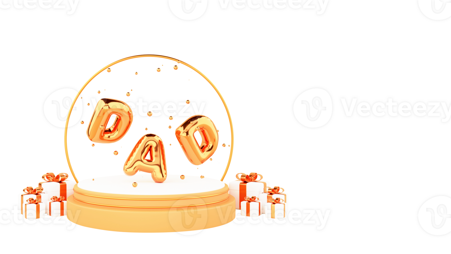 3D Golden Balloon Dad Font, Balls Inside Crystal Globe And Gift Boxes On White Background. png